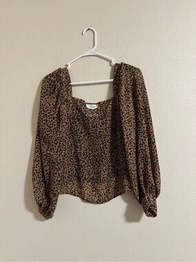 Lucca Tan and Black Leopard Square Neck Puff Sleeve Top